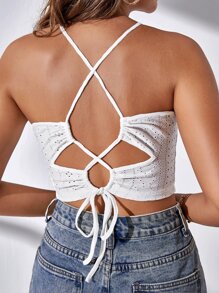 SHEIN Frenchy Áo hai dây Hội Chữ thập Ren lên Tranh thêu màu trơn Gợi cảm - trắng - Xem 2