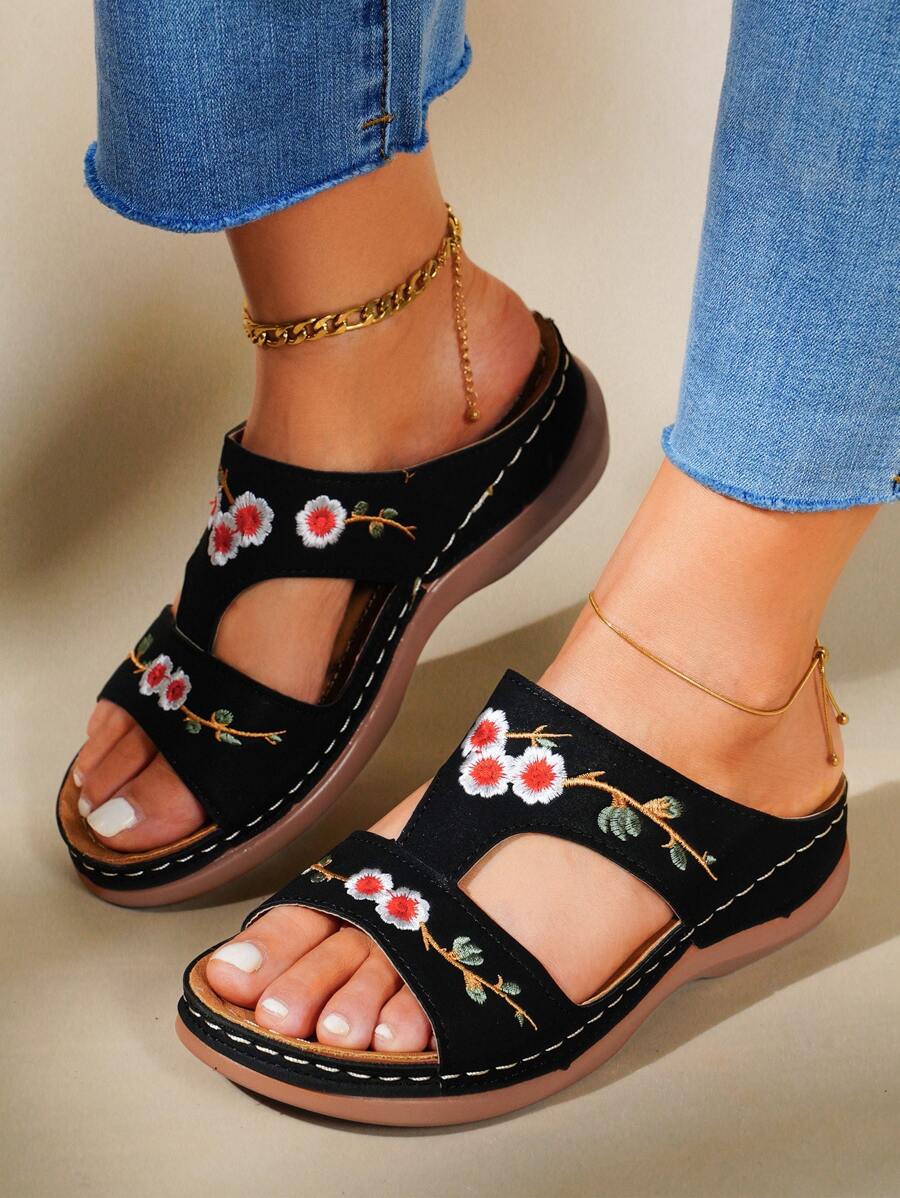 Fashion Black Sandals For Women, Floral Embroidery Wedge Slide Sandals - Black - View 1