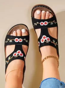 Fashion Black Sandals For Women, Floral Embroidery Wedge Slide Sandals - Black - View 3
