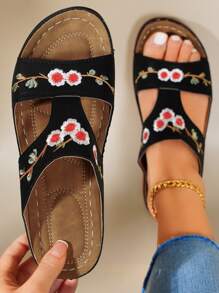 Fashion Black Sandals For Women, Floral Embroidery Wedge Slide Sandals - Black - View 4
