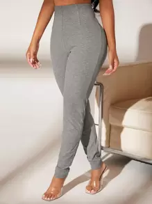 SHEIN SXY Leggings de talle alto tejido de canalé - Gris - Ver 1
