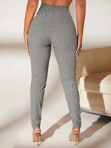SHEIN SXY Leggings de talle alto tejido de canalé - Gris - Ver 2