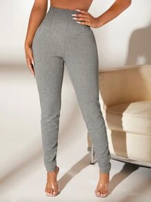SHEIN SXY Leggings de talle alto tejido de canalé - Gris - Ver 4