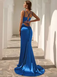 Missord Plunge Neck Velvet Cami Dress - Blue - View 1