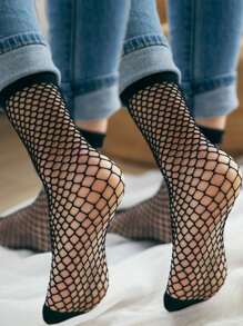 2pairs Women Solid Casual Fishnet Crew Socks, For Daily Life - Black - View 1