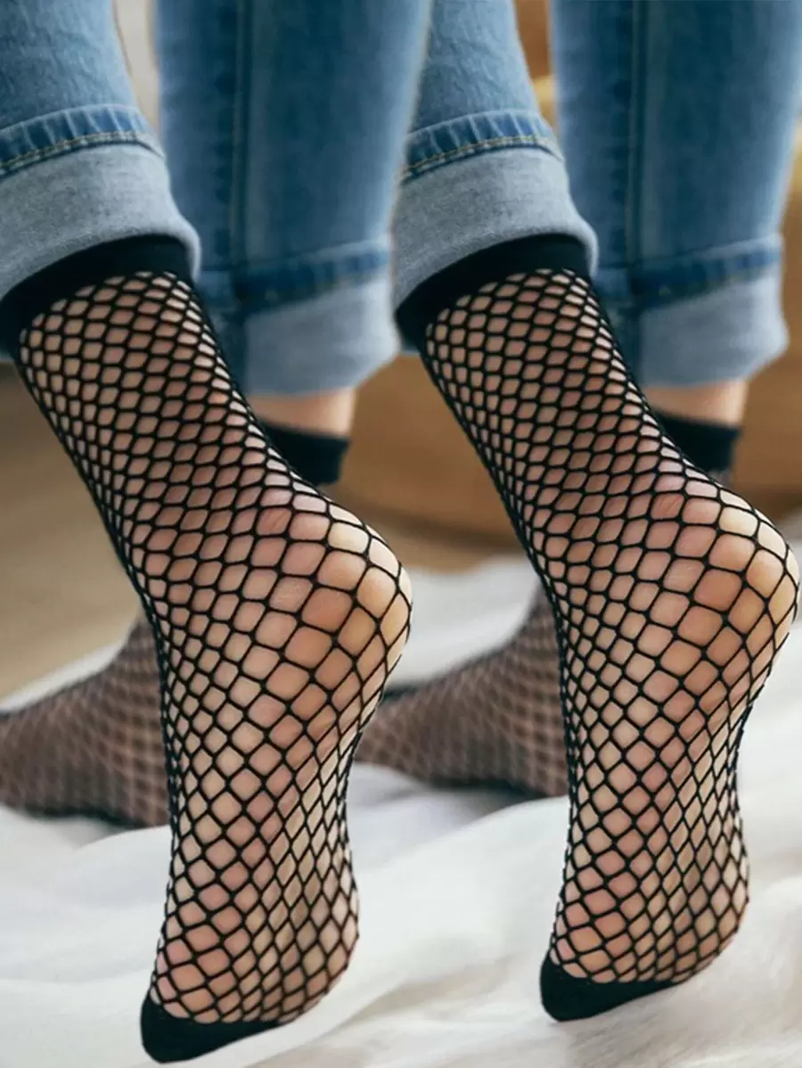 2pairs Women Solid Casual Fishnet Crew Socks, For Daily Life - Black - View 1
