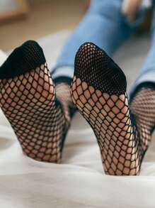 2pairs Women Solid Casual Fishnet Crew Socks, For Daily Life - Black - View 2