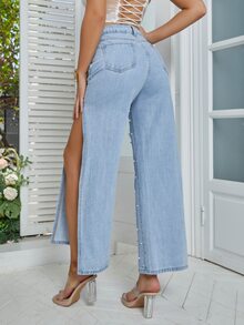 珍珠破洞抽鬚高衩闊腿牛仔褲 - 淺色水洗藍 - 查看 2