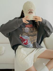 DAZY Letter Graphic Drop Shoulder Sweatshirt - Dark Grey - View 1