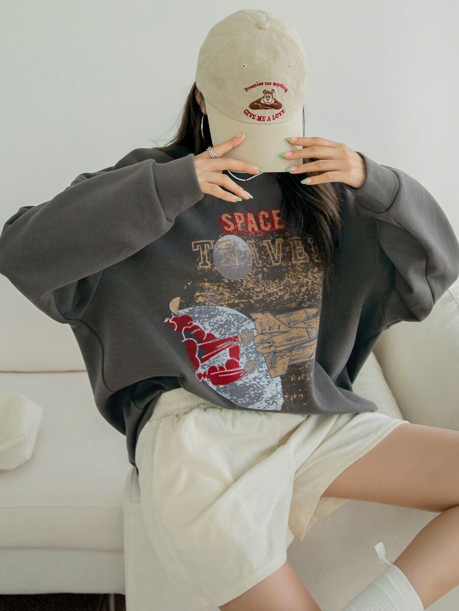 DAZY Letter Graphic Drop Shoulder Sweatshirt - Dark Grey - View 1
