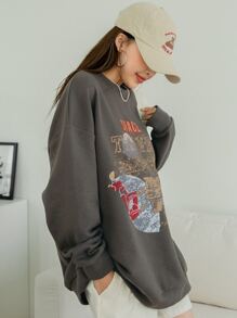 DAZY Letter Graphic Drop Shoulder Sweatshirt - Dark Grey - View 6