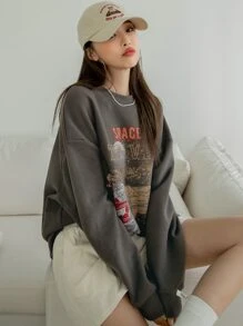 DAZY Letter Graphic Drop Shoulder Sweatshirt - Dark Grey - View 7