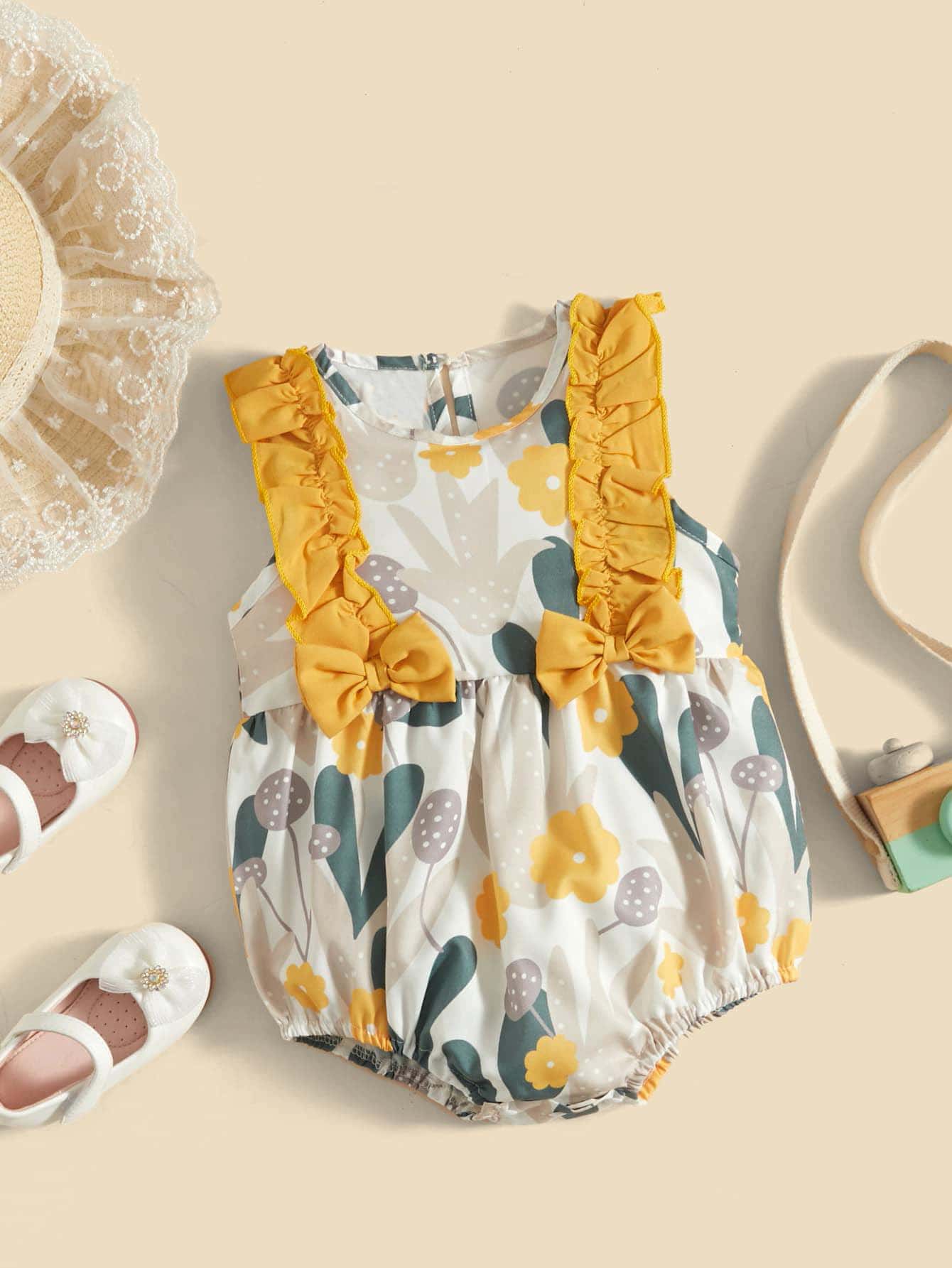 Baby Cartoon Floral Print Ruffle Trim Bow Front Bodysuit With Headband - Multicolor - View 1