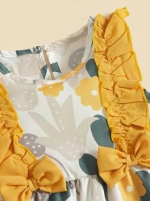 Baby Cartoon Floral Print Ruffle Trim Bow Front Bodysuit With Headband - Multicolor - View 3