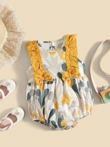 Baby Cartoon Floral Print Ruffle Trim Bow Front Bodysuit With Headband - Multicolor - View 5