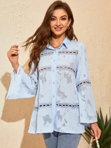 Cut Out Trumpet Sleeve Shirt - Baby Blue - View 1