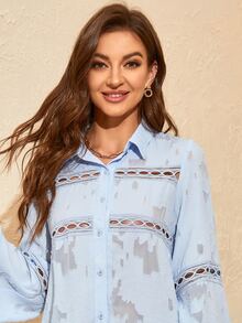 Cut Out Trumpet Sleeve Shirt - Baby Blue - View 3