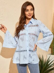 Cut Out Trumpet Sleeve Shirt - Baby Blue - View 4