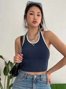 DAZY 字母貼布撞色滾邊露背掛脖上衣 - 藏蓝色 - 查看 6