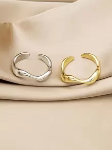 2 件几何形状可堆叠扭曲波浪开口戒指，适合女士，日常佩戴情侣戒指 - 彩色 - 查看 9