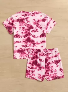 SHEIN 年輕女孩圖形染色t恤和短褲套裝 - 粉色 - 查看 2