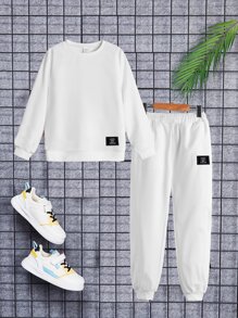 SHEIN Boys Patched Detail Pullover & Joggers - White - View 1