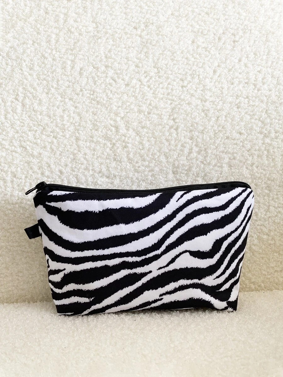 1pc Zebra Pattern Cosmetic Bag Hand Storage Slouchy Portable Cosmetic Bag Wash Bag Makeup Bag For Women Girls Storage Makeup Organizer Makeup Case - Black and White - View 1