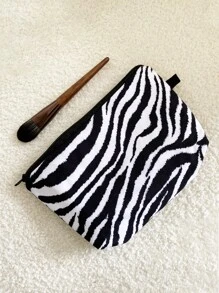 1pc Zebra Pattern Cosmetic Bag Hand Storage Slouchy Portable Cosmetic Bag Wash Bag Makeup Bag For Women Girls Storage Makeup Organizer Makeup Case - Black and White - View 7