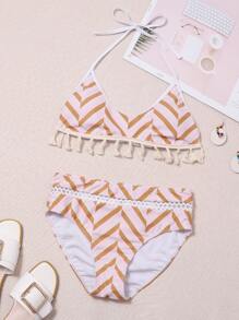 Geo Print Tassel Trim Halter Bikini Set Summer Beach - Multicolor - View 1