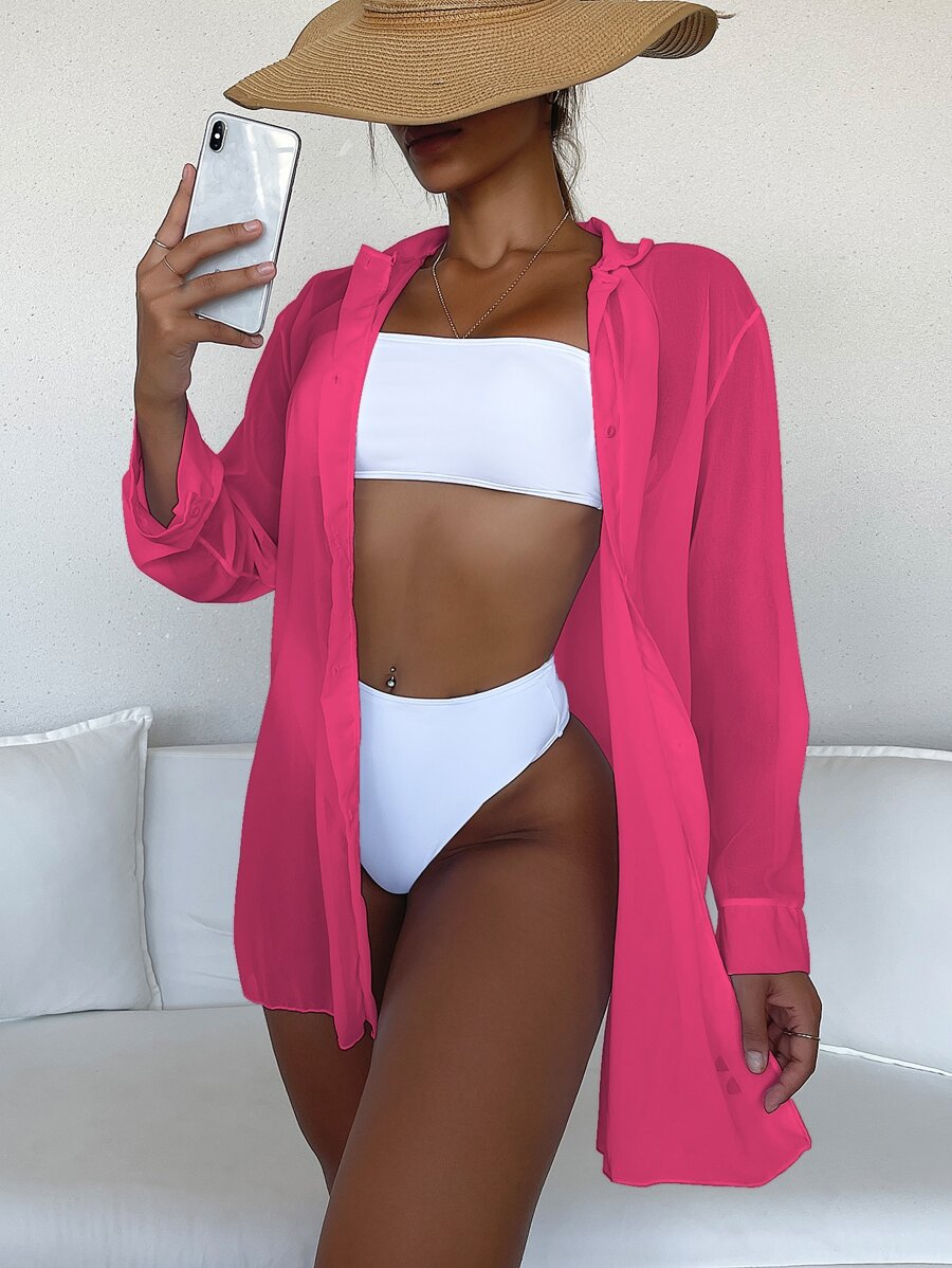 SHEIN Swim Summer Beach Cut-Out Button Front Kimono - Hot Pink - View 1
