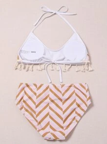 Geo Print Tassel Trim Halter Bikini Set Summer Beach - Multicolor - View 2