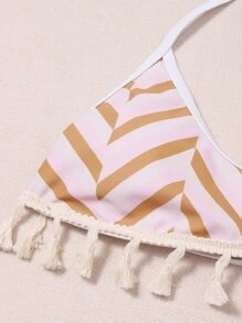 Geo Print Tassel Trim Halter Bikini Set Summer Beach - Multicolor - View 3