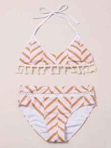 Geo Print Tassel Trim Halter Bikini Set Summer Beach - Multicolor - View 5