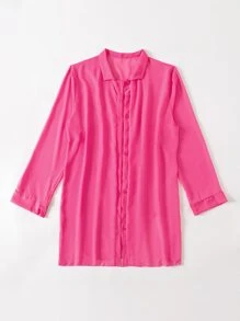 SHEIN Swim Summer Beach Cut-Out Button Front Kimono - Hot Pink - View 4