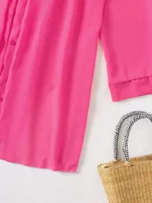 SHEIN Swim Summer Beach Cut-Out Button Front Kimono - Hot Pink - View 6