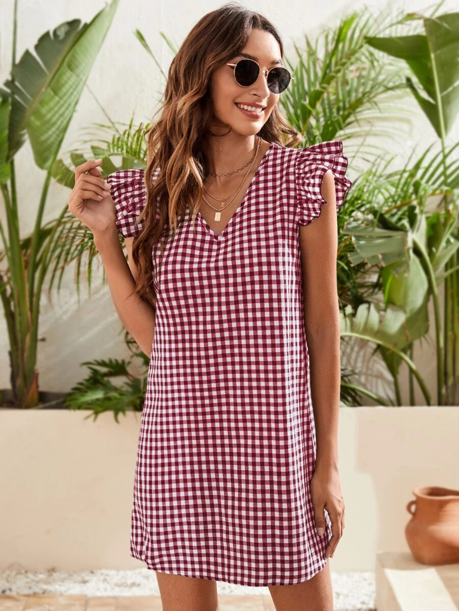 SHEIN LUNE Gingham Ruffle Cuff Tunic Dress - Red and White - View 1