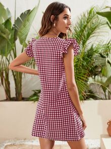 SHEIN LUNE Gingham Ruffle Cuff Tunic Dress - Red and White - View 2