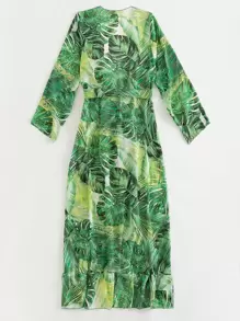SHEIN Swim Summer Beach Tropical Print Belted Kimono - Green - View 2