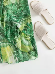 SHEIN Swim Summer Beach Tropical Print Belted Kimono - Green - View 3