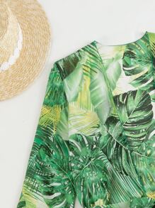 SHEIN Swim Summer Beach Tropical Print Belted Kimono - Green - View 4