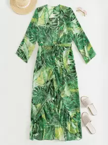 SHEIN Swim Summer Beach Tropical Print Belted Kimono - Green - View 6