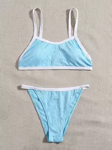 Summer Contrast Binding Thong Bikini - Blue - View 1