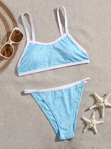 Summer Contrast Binding Thong Bikini - Blue - View 4