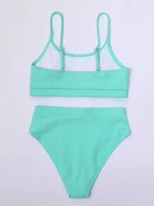 Conjunto de bikini de cintura alta con textura lisa, para vacaciones en la playa de verano - verde menta - Ver 2