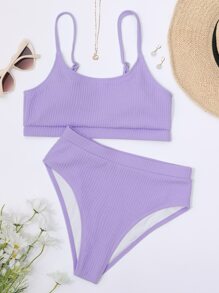 SHEIN Swim Summer Beach Plain High Waisted Bikini - Mauve Purple - View 3