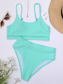 Conjunto de bikini de cintura alta con textura lisa, para vacaciones en la playa de verano - verde menta - Ver 4