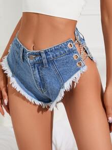 扣眼繫帶鏈條毛邊牛仔短褲 - 中等水洗藍 - 查看 4