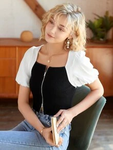 Knit Mix Cárdigan de color combinado de cuello cuadrado de manga farol con cremallera - Blanco y Negro - Ver 5