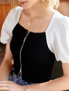 Knit Mix Cárdigan de color combinado de cuello cuadrado de manga farol con cremallera - Blanco y Negro - Ver 3