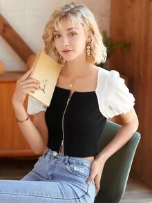 Knit Mix Cárdigan de color combinado de cuello cuadrado de manga farol con cremallera - Blanco y Negro - Ver 6